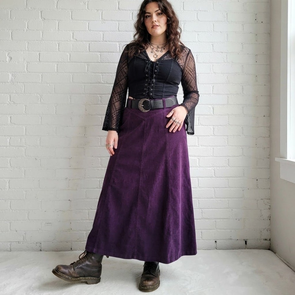 Vintage Purple Skirt Midi A-Line 2X Moleskin Faux Suede Whimsigoth Goth Romantic